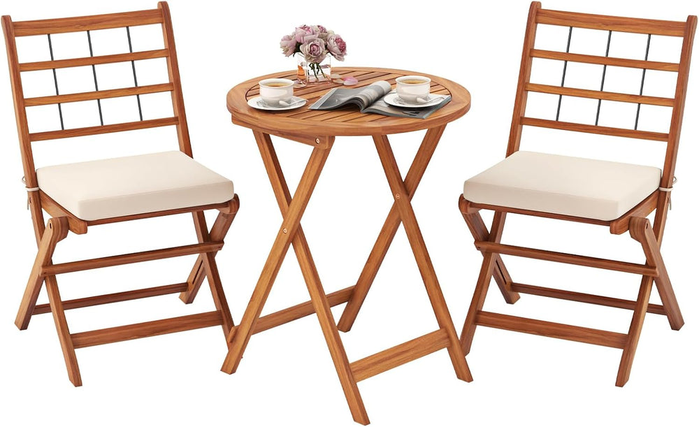 ORALNER 3-Piece Folding Patio Bistro Set, Small Outdoor Acacia Wood Balcony F...