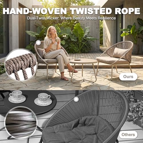 NUU GARDEN Outdoor 3 Piece Bistro Set, Woven Rope Chair with Zippered Cushion...