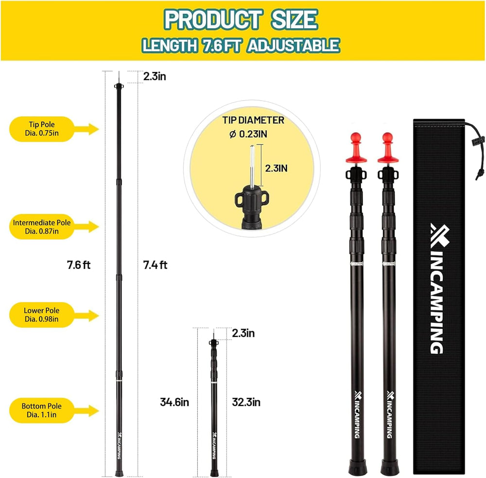 Adjustable Heavy Duty Tarp Poles 7.6FT,XINCAMPING Aluminum Tent Poles with Pr...