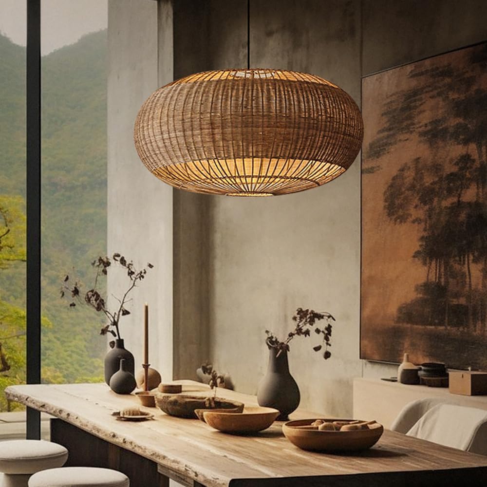 Rattan Handwoven Pendant Lights Adjustable Bamboo Wicker Hanging Lamp, Pendan...
