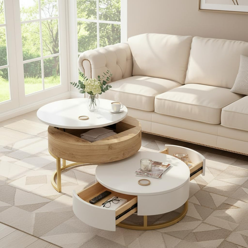 Modern Round Lift-top Nesting Coffee Tables with 2 Drawers for Living Room Wh...