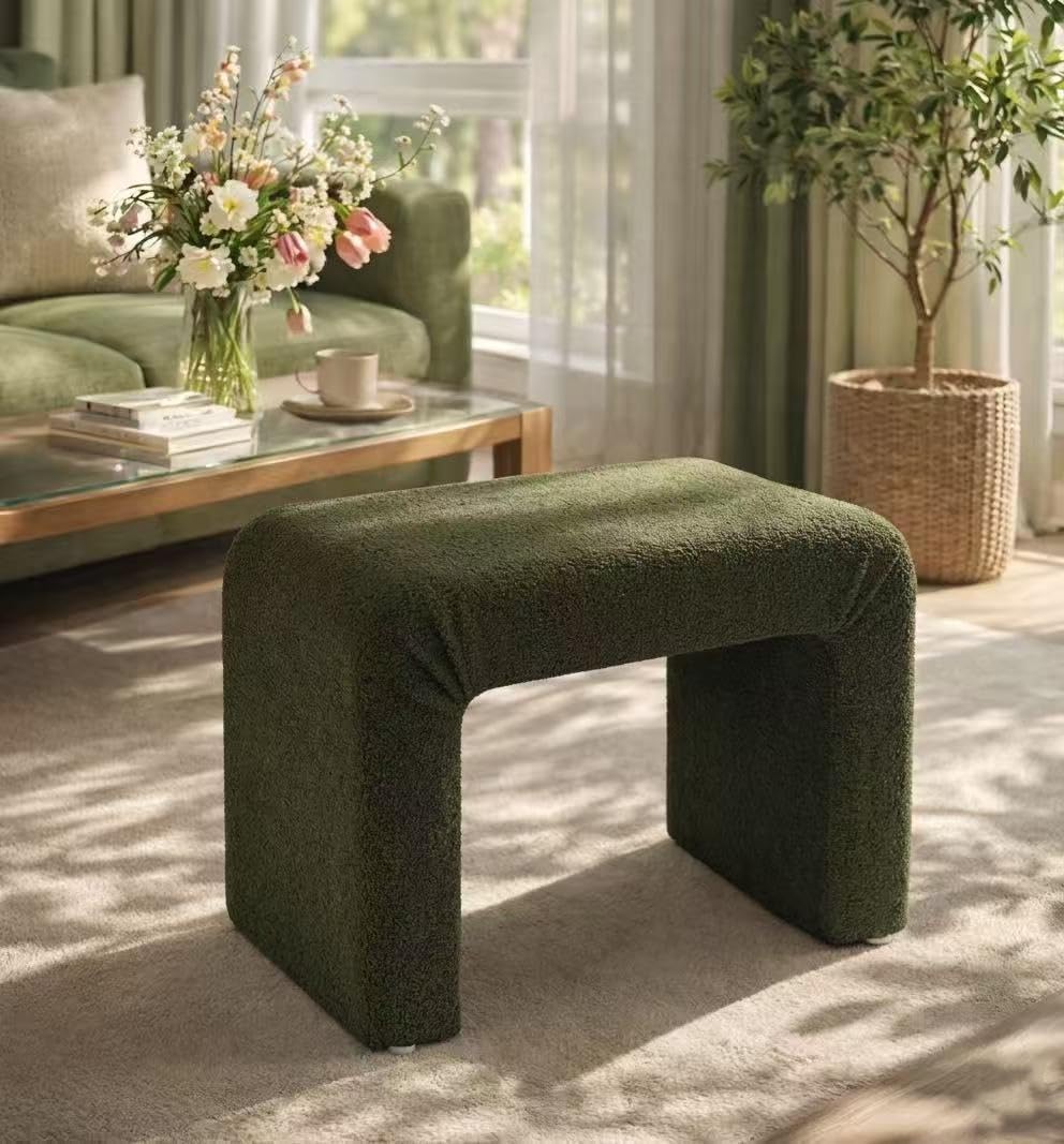 Modern Boucle Ottoman Footstool, 24" Arched Upholstered Vanity Stools, S...