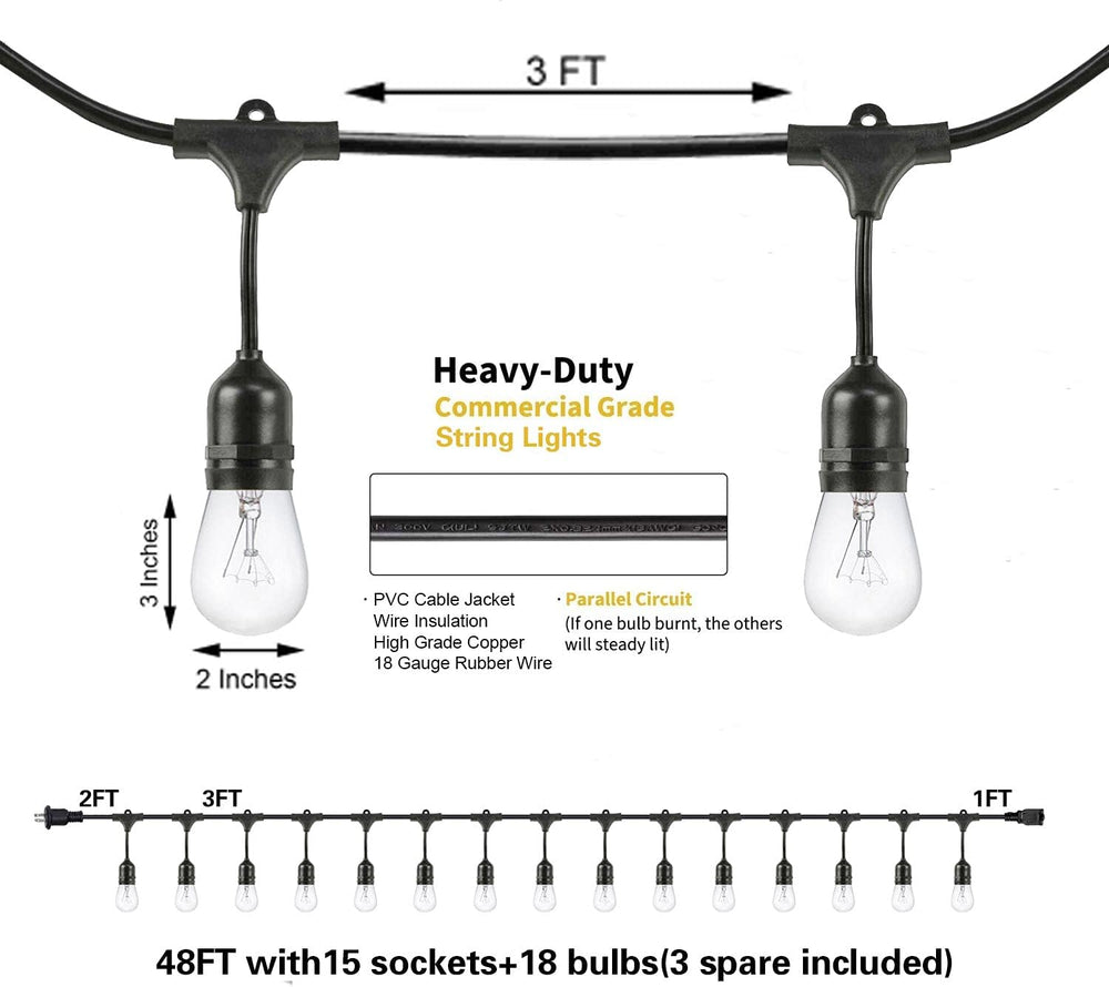 SUNTHIN 2 Pack 48FT Outdoor String Lights,Hanging Incandescent String Lights ...