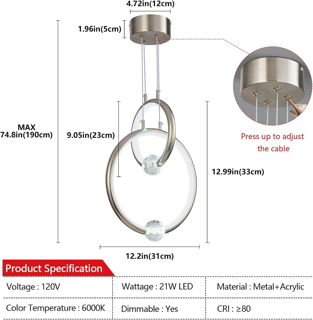 Modern Chandelier 2 Ring Nickel Color Pendant Light Fixture,Dimmable LED Pend...