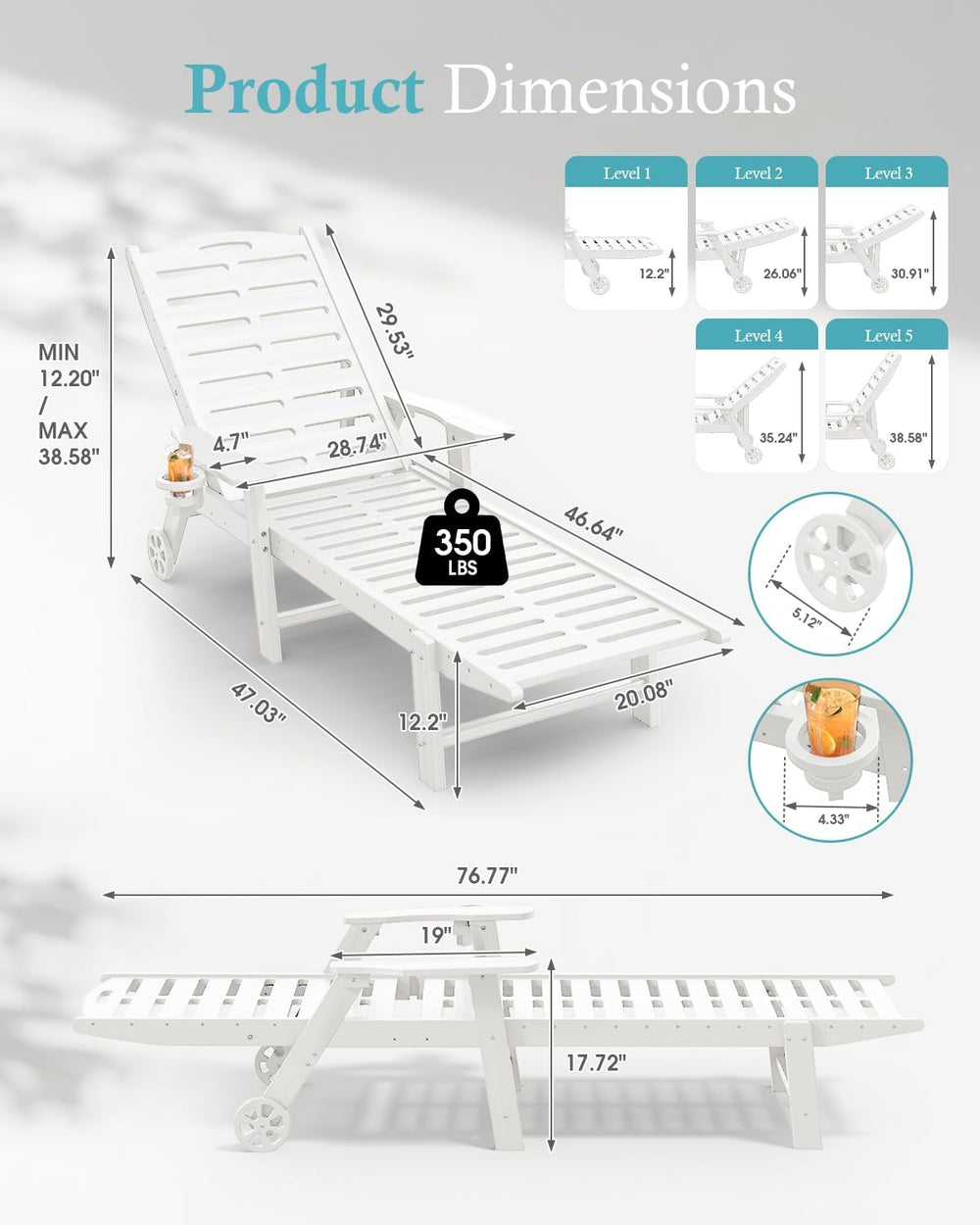 Ciokea Heavy Duty HDPE Chaise Lounge Chairs Outdoor Set of 4, 5-Position Adju...