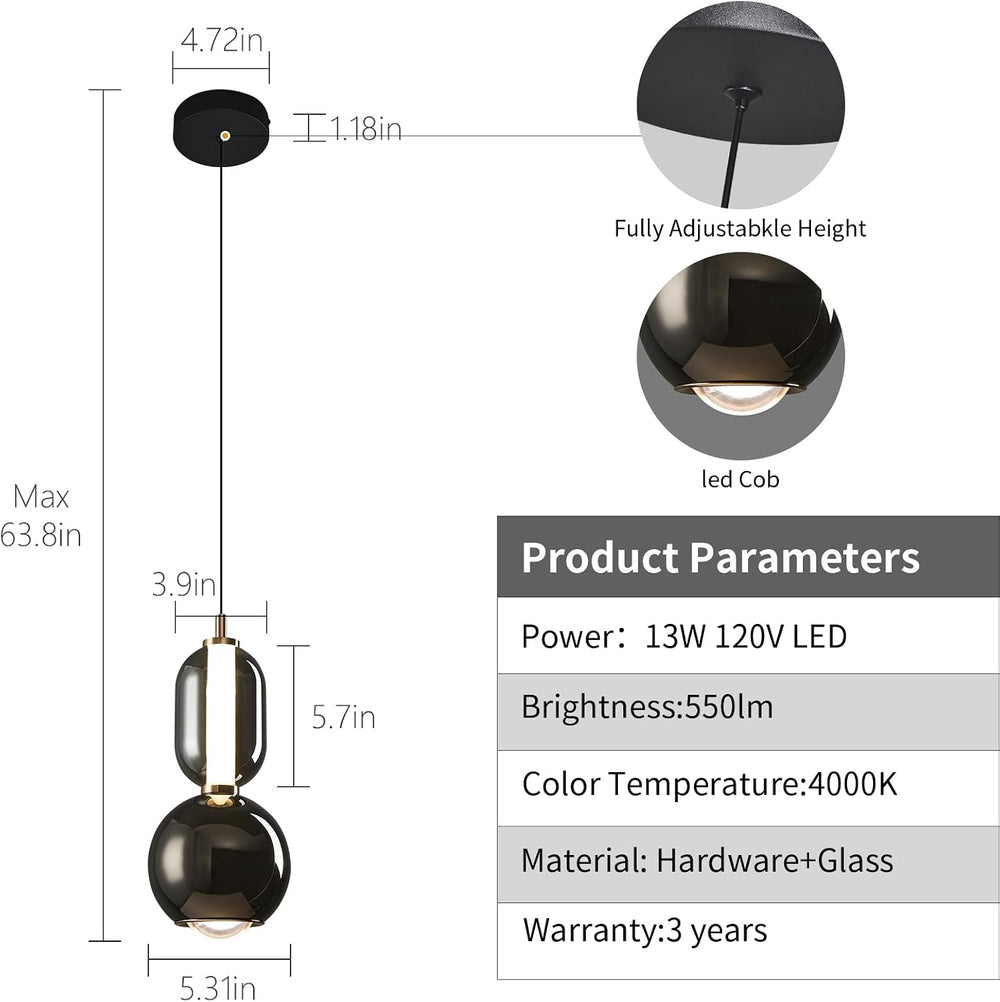 Modern Glass Pendant Light, Black Pendant Lighting LED Dimmable, Adjustable P...