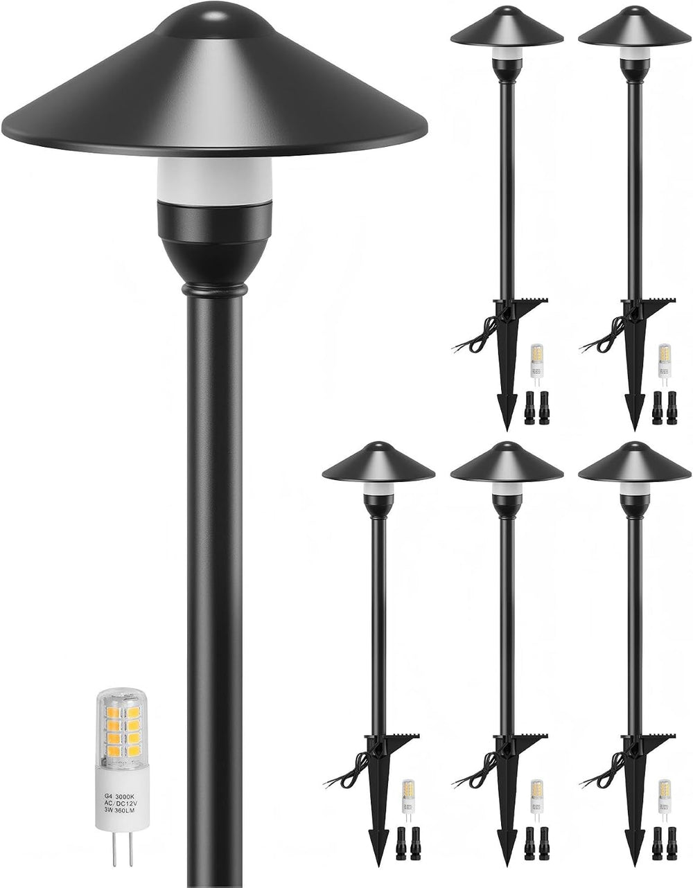 Low Voltage Pathway Lights with G4 3W 3000K Bulbs 6-Pack, Black Aluminum