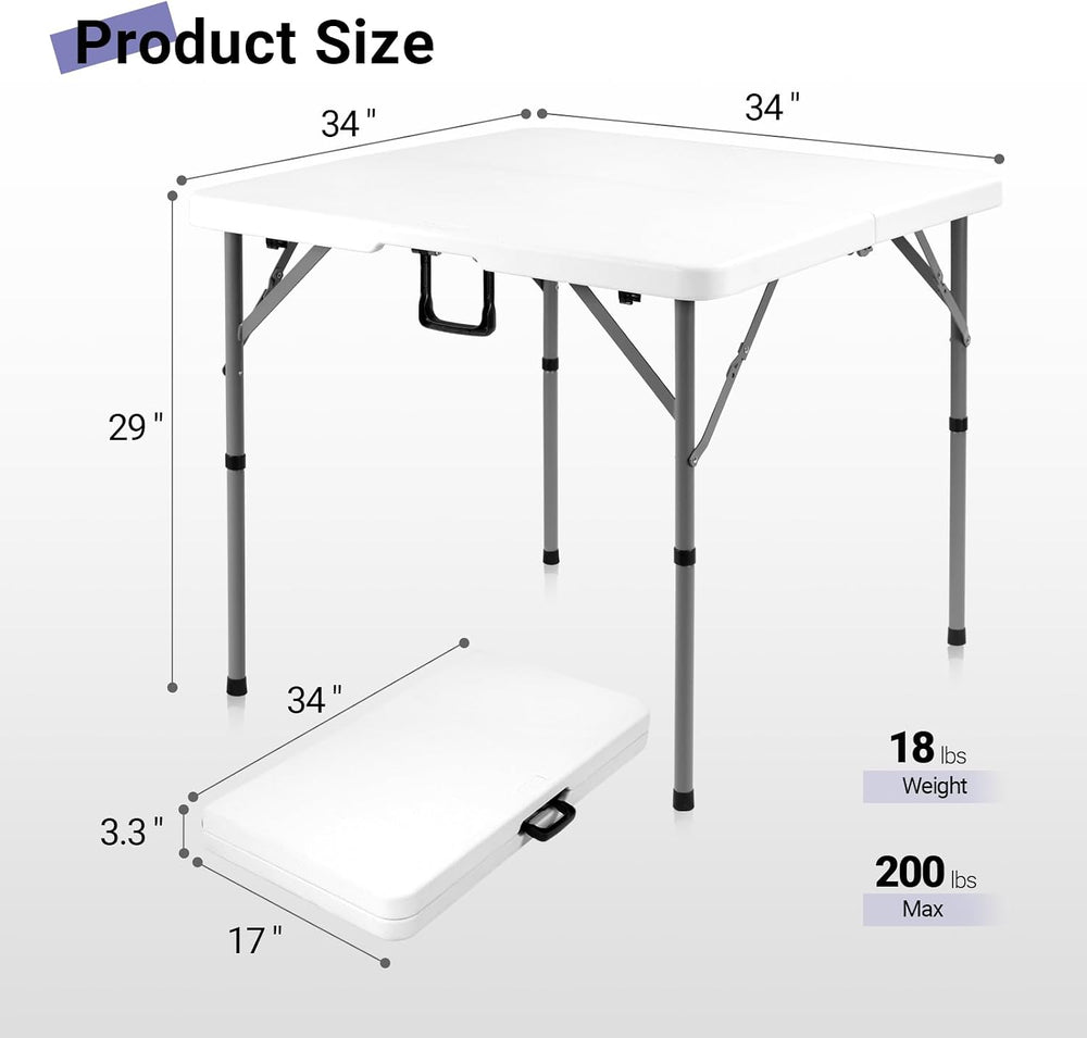 34" Folding Card Table,Square Portable Heavy Duty Plastic Game Table,White