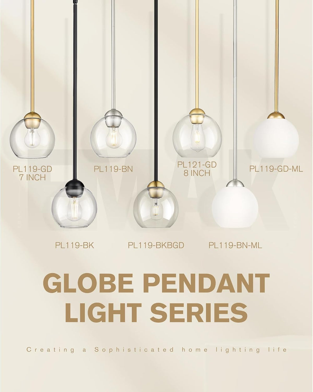 Emak 2 Pack Black and Gold Pendant Light Fixtures, Modern 7 Inch Globe Pendan...