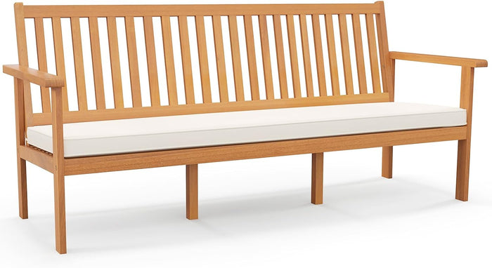 Tangkula 3-Seat Acacia Wood Outdoor Bench with Cushion, 64" Extra Long Garden Bench with Slatted Seat & Backrest, 3-Person Patio Wood Bench for Backyard, Porch, Balcony & Garden