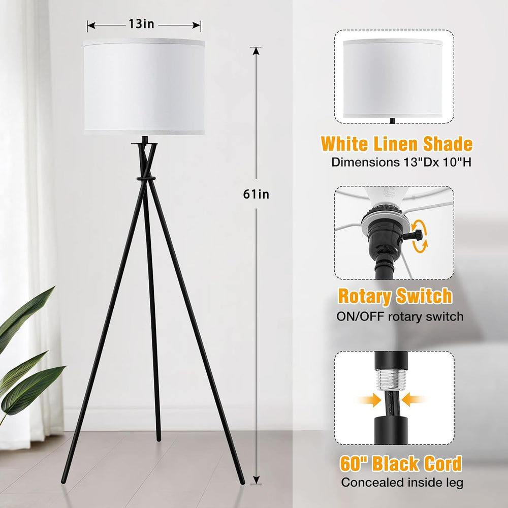 Black Tripod Floor Lamp, 61” Floor Lamps for Living Room with Rotary Switch