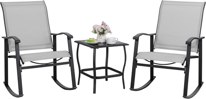 Shintenchi 3 Piece Rocking Bistro Set, Outdoor Furniture with Rocker Chairs and Glass Coffee Table Set of 3, Balcony, Porch Furniture for Small Space, Light Gray