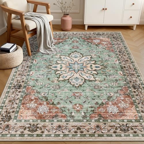 5x7 Area Rugs Living Room: Washable Rug for Bedroom Brown Green