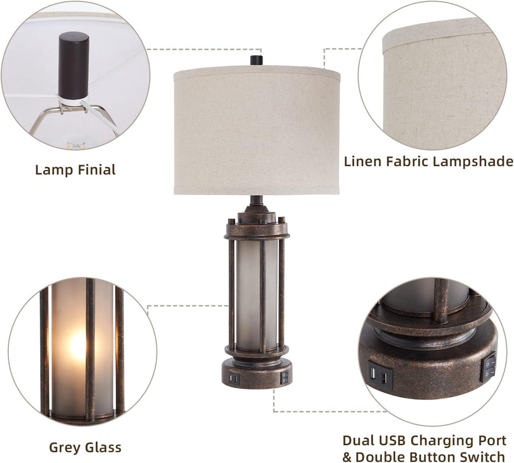 AIEAMPDO Set of 2 Farmhouse Table Lamps for Living Room with USB C+A Ports
