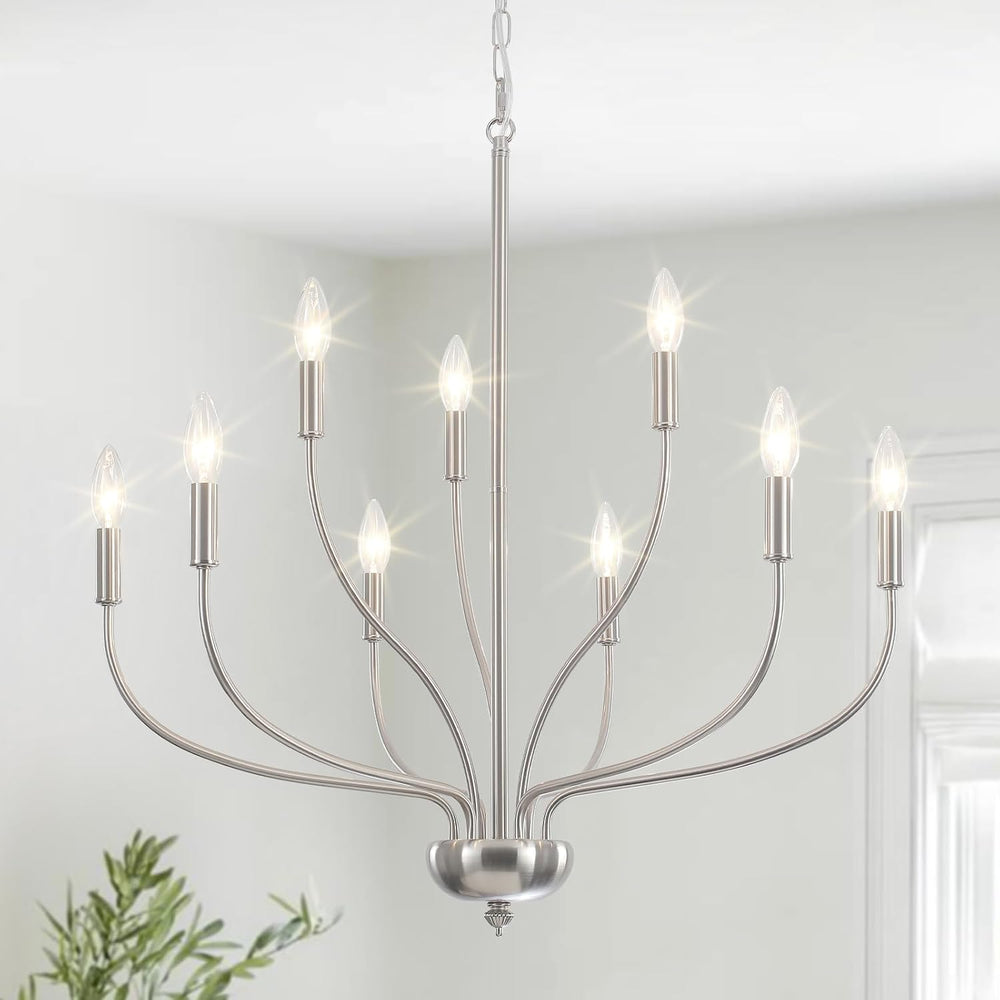 Brushed Nickel Chandelier, 9-Light Farmhouse Chandelier for Dining Room Light...
