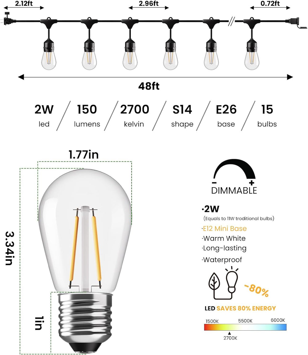 Svater 48 FT Outdoor String Lights 2W Commercial Grade Waterproof S14 ETL