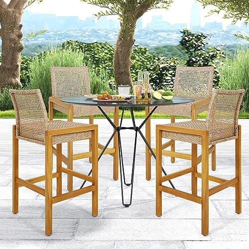 HAPPYGRILL Wicker Bar Stools Set of 4, Patio Chairs with Solid Wood Frame, Er...