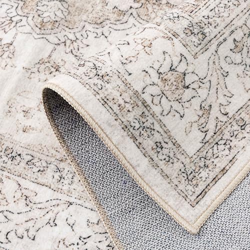 PureCozy Beige 9x12 Washable Area Rug Vintage Oriental Medallion Carpet