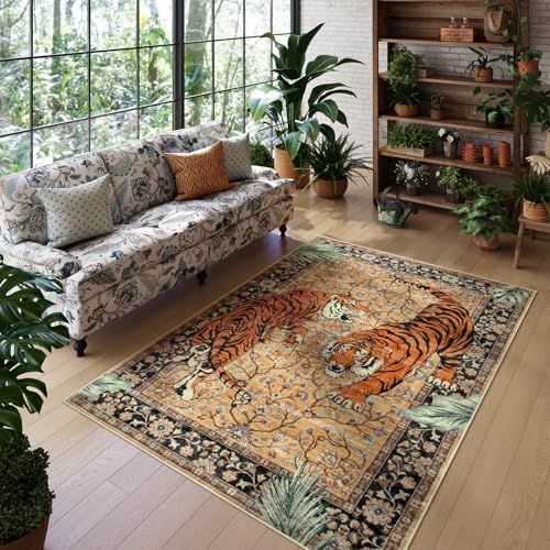 Moynesa Tiger 5x7 Area Rugs, Boho Washable Rugs for Living Room, Vintage Soft...