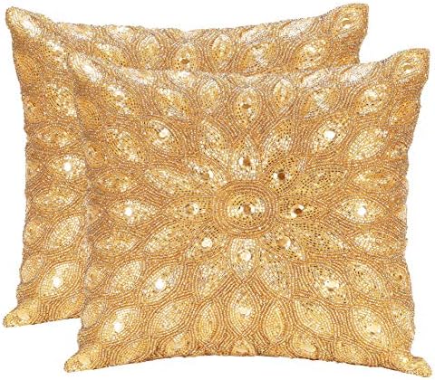 Lightnpro Gold Hand-Beaded Pillow Cover - 12x12 Inch, Handmade by Skilled Art...