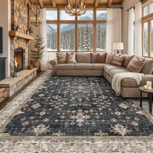 Boho Black Rug for Living Room - Washable 10x14 Area Rug, Dining Room Rugs fo...