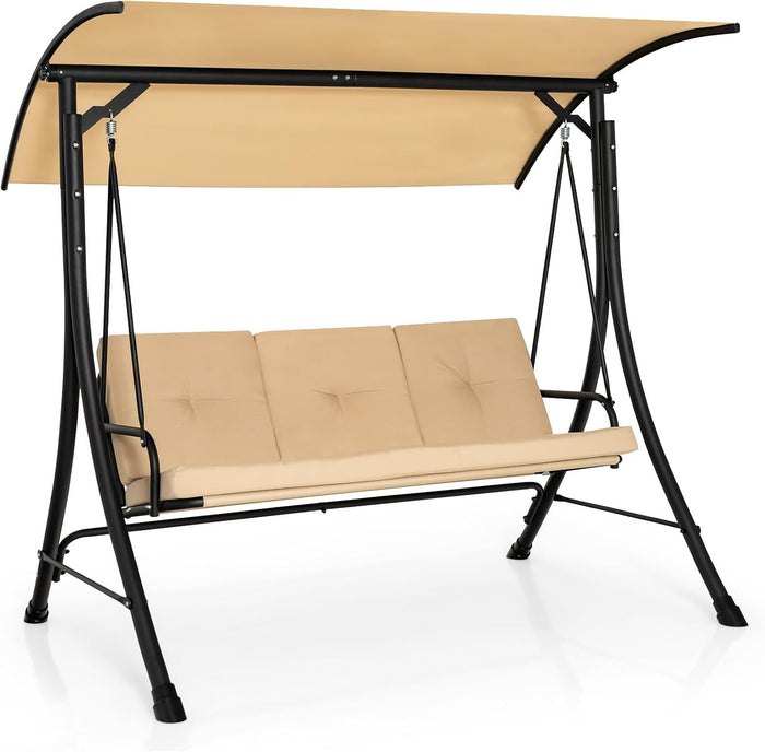 HAPPYGRILL 3-Seat Outdoor Porch Swing with Adjustable Canopy, Armrests, Metal Frame & Thickened Cushions, Patio Swing Chair for Garden, Poolside & Deck