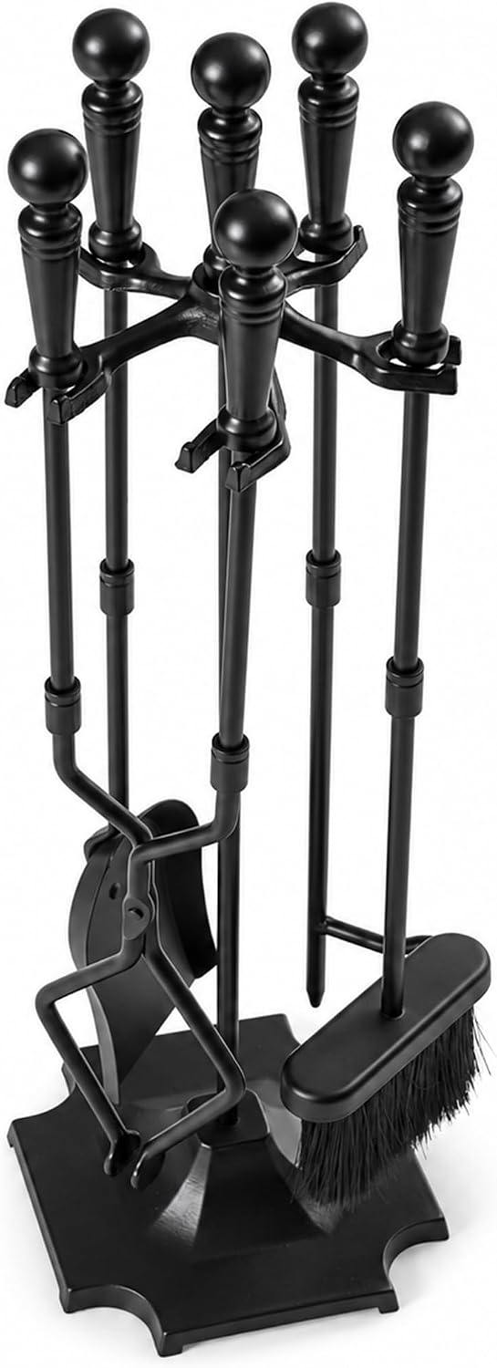 Gtongoko 5-Piece Fireplace Tools Set with Stand, Solid Steel, Black