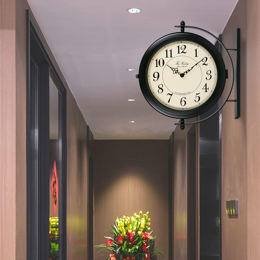 BESTIME 66264B 16-Inch Double Sided Metal Wall Clock with Black Frame.Sturdy ...