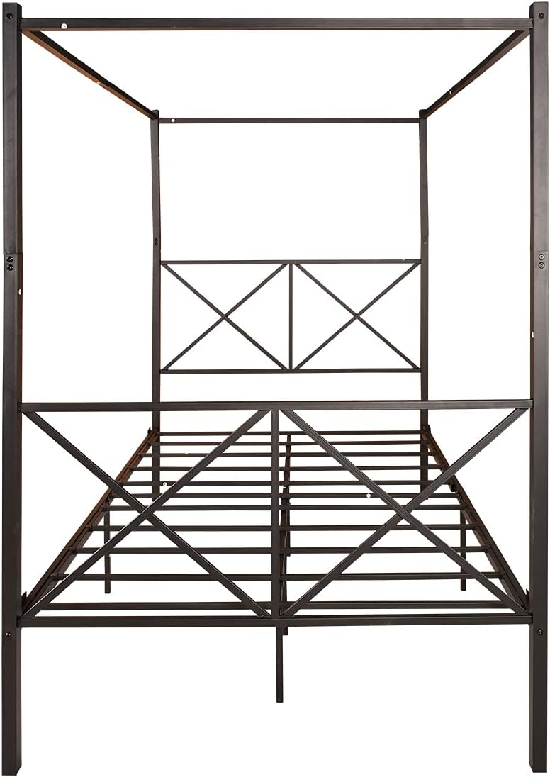 Full Size Canopy Bed Frame with Heavy Duty Metal Headboard, Black