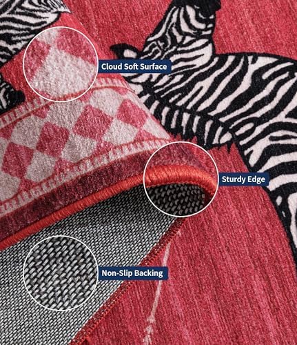 YIHOUSE Red Zebra Area Rugs 6×9, Washable Animal Print Rug with Checkered Bor...