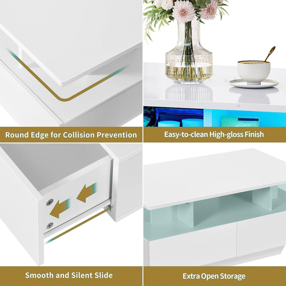 DWVO LED Coffee Table with Storage 4 Drawers, Modern High Glossy Coffee Table...