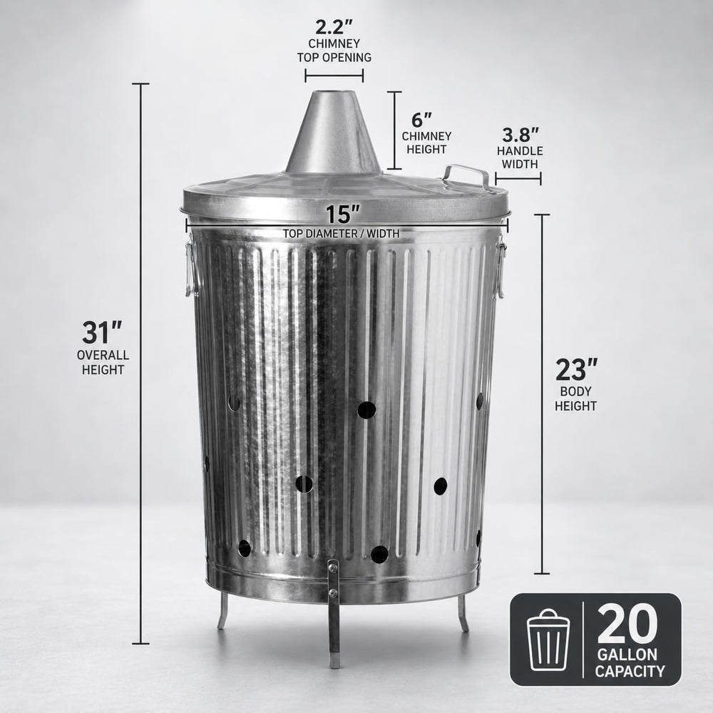 Gardenised 20-Gallon Galvanized Steel Incinerator Can with Lid