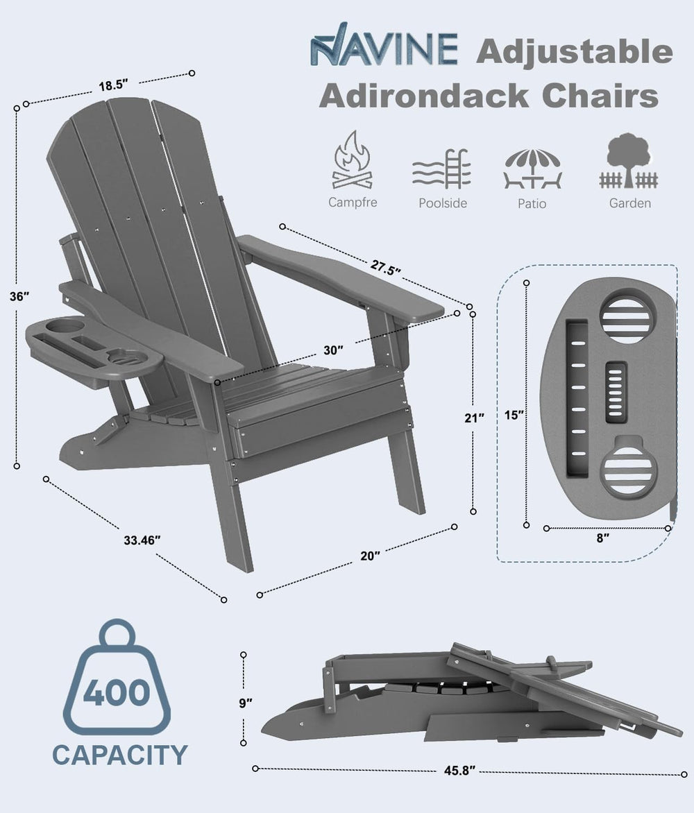NAVINE Adjustable Adirondack Chairs Set of 8 with Cup Holders, Grey