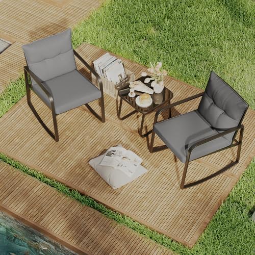 Gizoon 3 Piece Rocking Bistro Set, Black Steel Patio Furniture,Grey Cushion