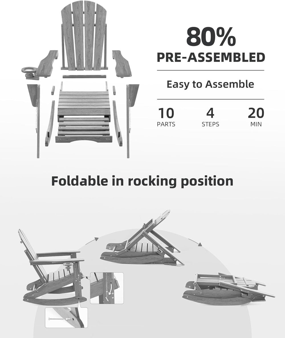 Folding Adirondack Rocking Chair Set of 2,4-in-1 Multifunctional Patio Chairs...