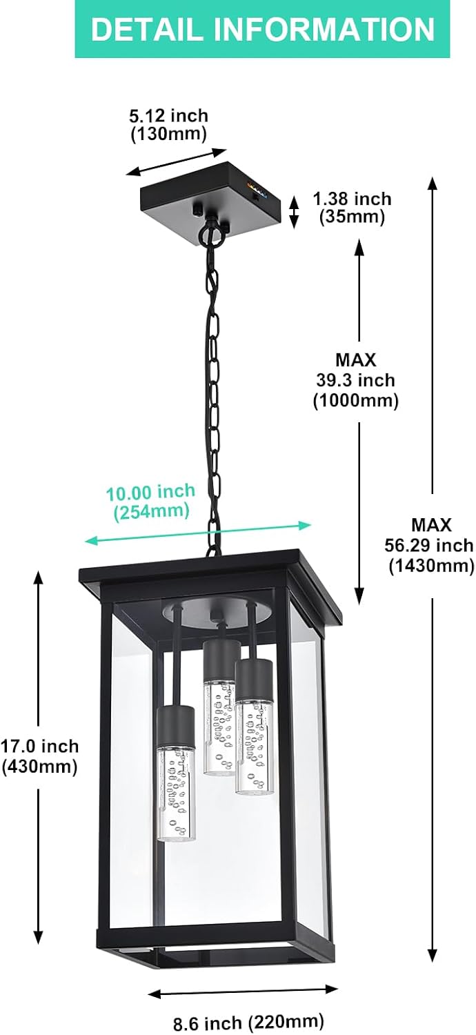 Yaohong 17" Large 5CCT LED Outdoor Pendant Light, 3-Lights Modern Black ...