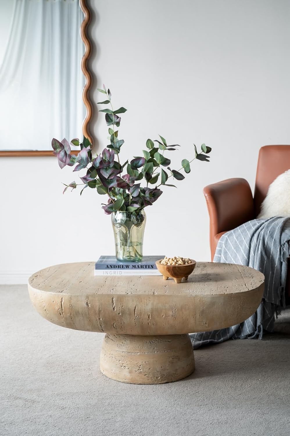 WILLIAMSPACE 36" Oval Coffee Table, Modern Faux Stone Circle Center Tabl...