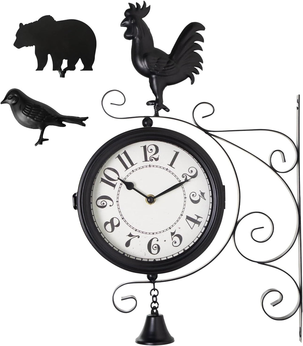 Double-Sided Outdoor Wall Clock with Interchangeable Rooster, Bird & Bear...