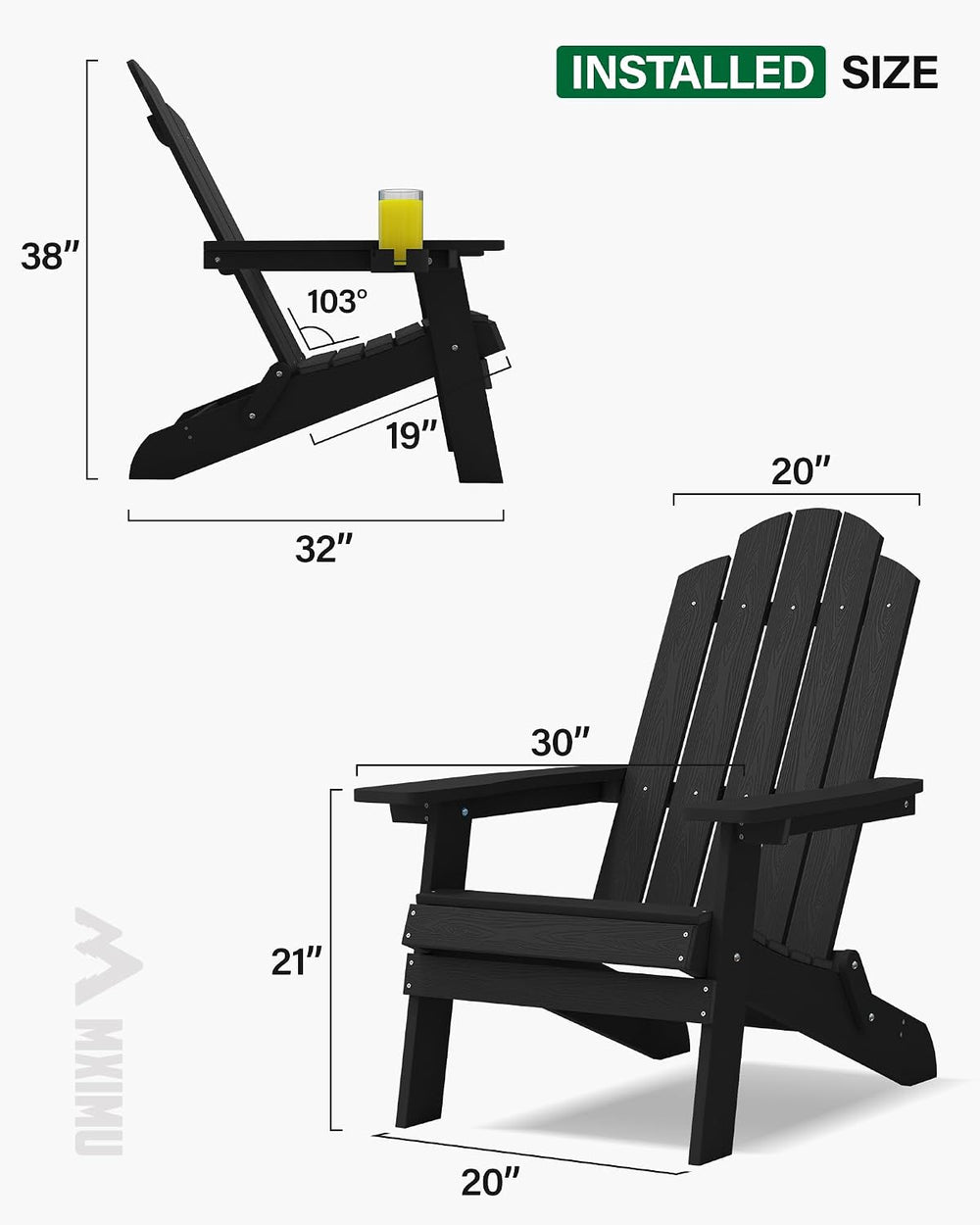 MXIMU Folding Adirondack Chairs Set of 6, Cup Holder, Black