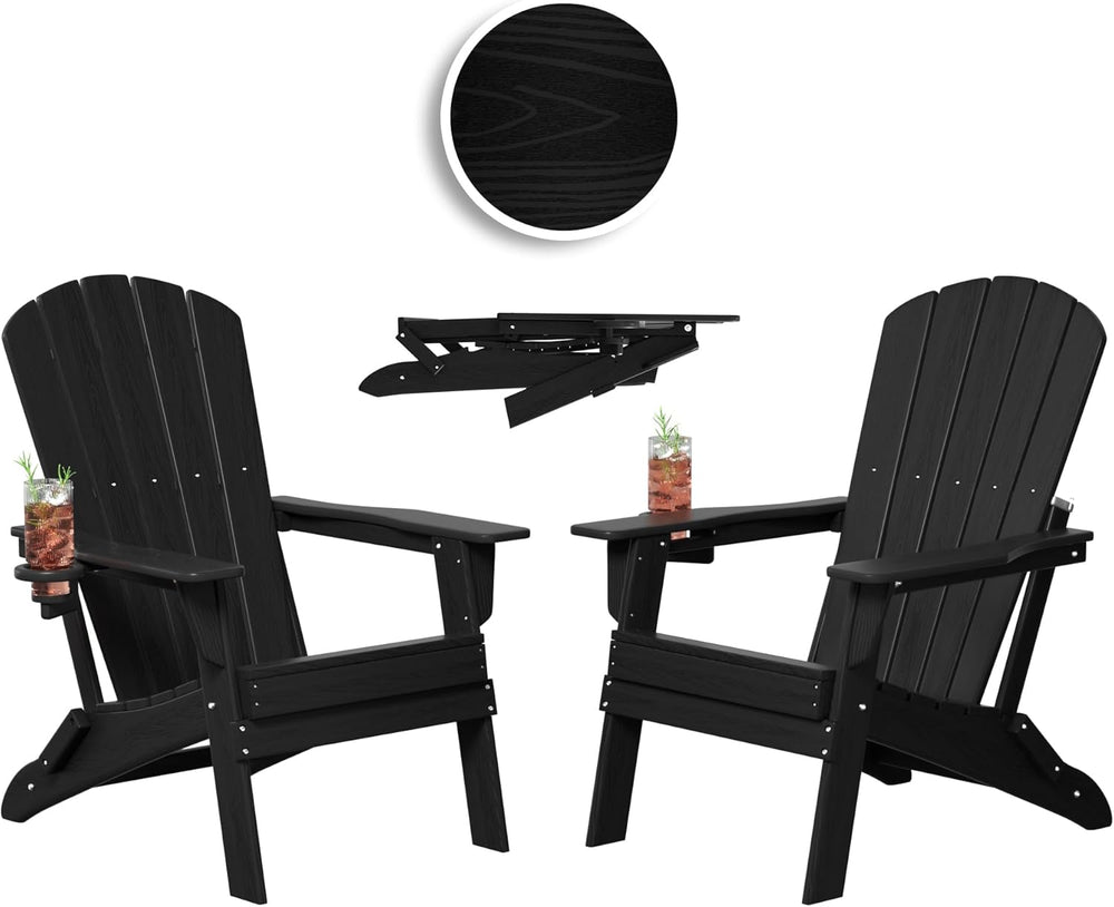 Plawdlik HDPE Folding Adirondack Chair Set of 2 with Cup Holder, Black