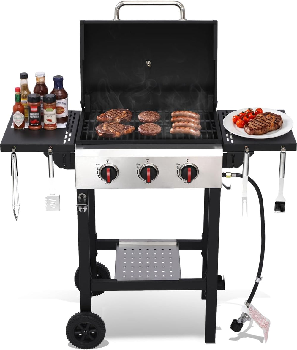 3-Burner Propane Gas Grill with Folding Side Tables