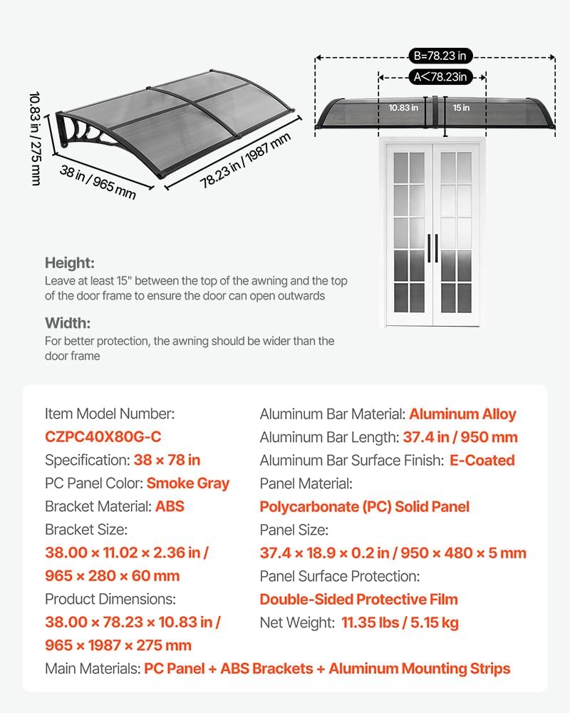 VEVOR Awnings for Door Entrance, 38" x 78" Window Door Awning Canop...