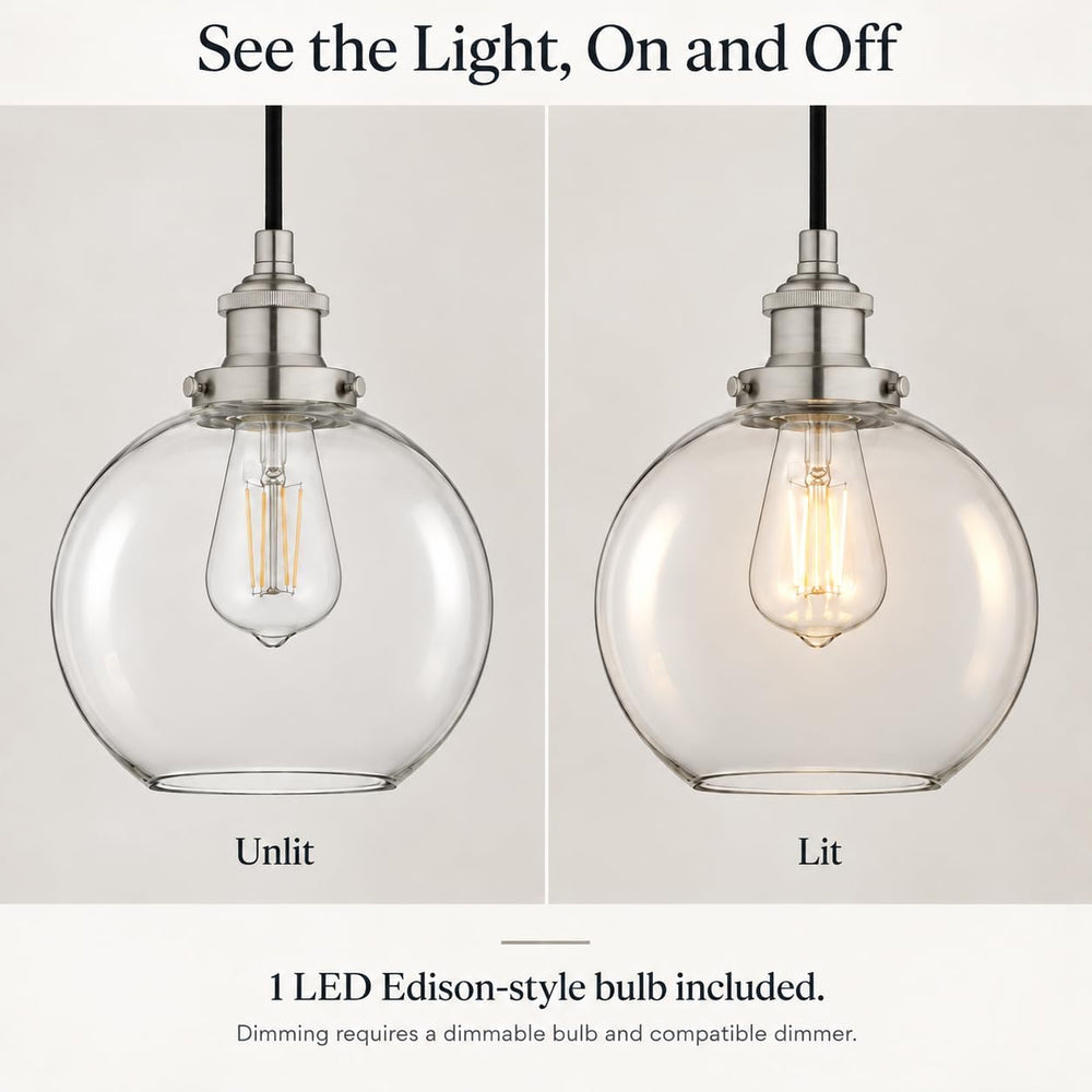 Primo Brushed Nickel Glass Globe Pendant Light, Kitchen Island, LED Bulb