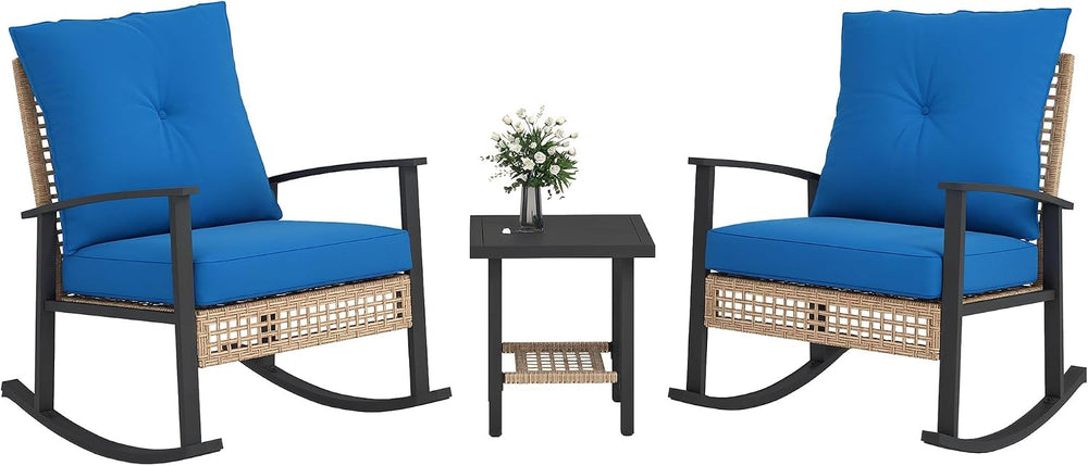 Outsunny 3 Pieces Rocking Wicker Outdoor Bistro Set Porch Chairs Dark Blue