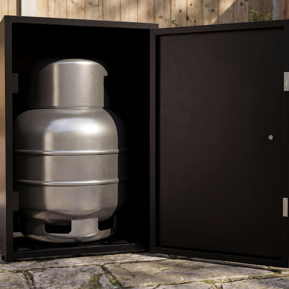 Round Outdoor Fire Table with Propane Tank Cabinet, 50000BTU Aluminum Alloy F...