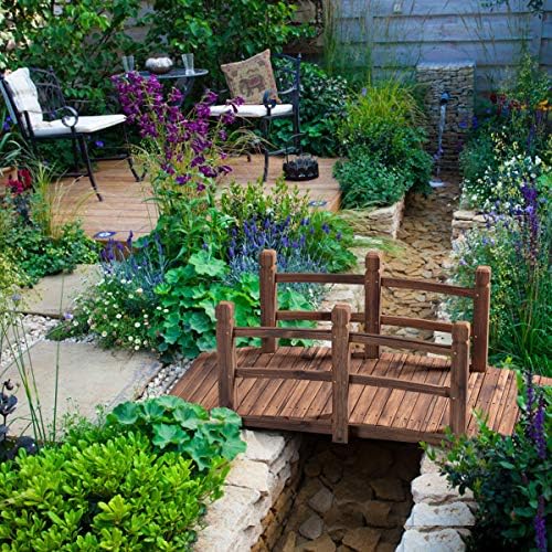 Giantex 5 FT Wooden Garden Bridge, Stained Wood Arc Footbridge with Railings,...