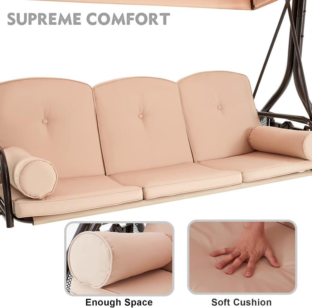 HOMREST 3 Seat Porch Swing with Adjustable Canopy, Patio Swing with Stand
