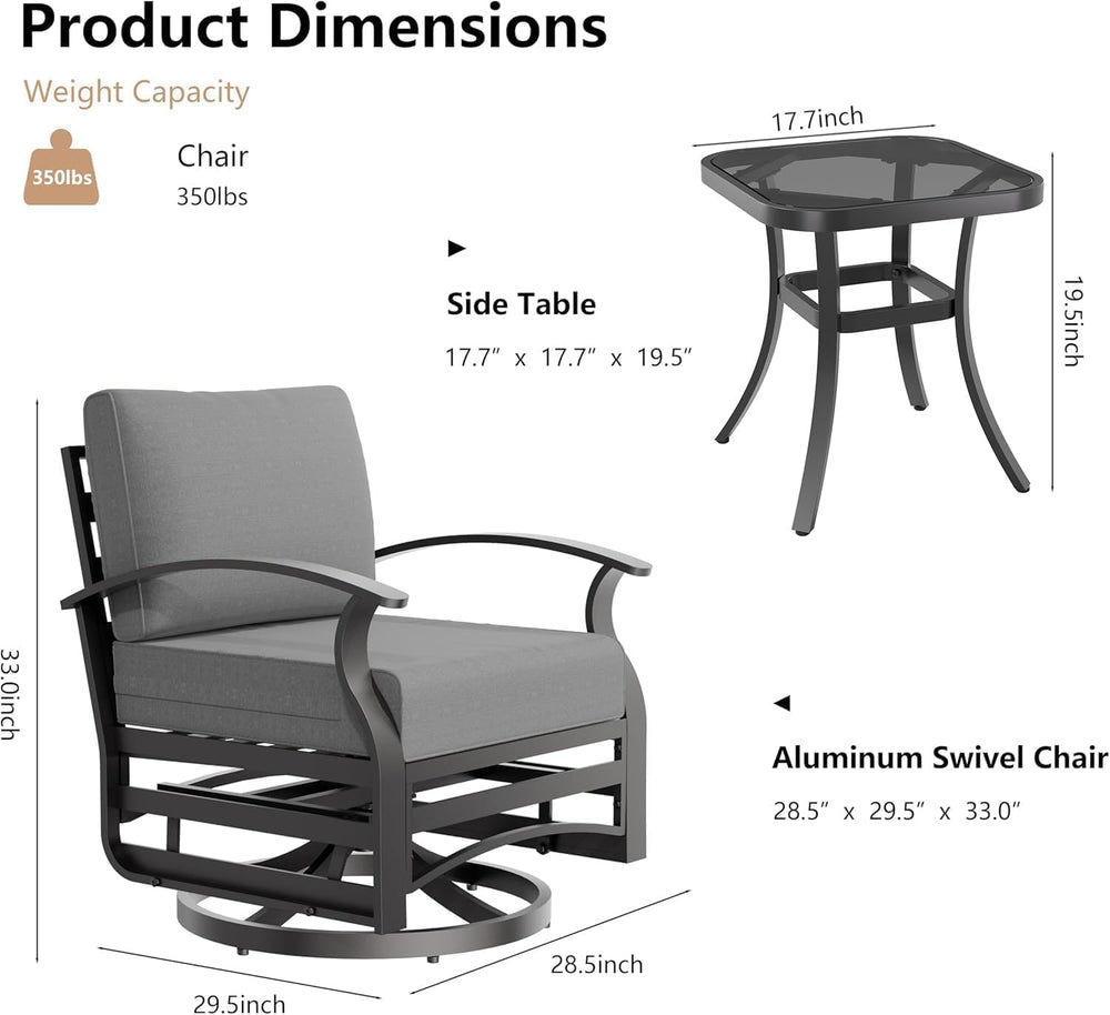 3 Piece Aluminum Swivel Rocking Chair Set, Outdoor Patio Swivel Gliders Chair...