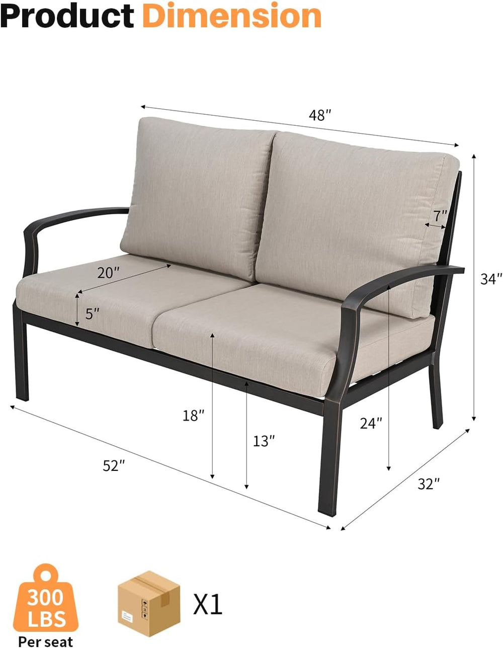 Never-Rust Aluminum Outdoor Loveseat, Modern Patio Loveseat Couch with Deep S...