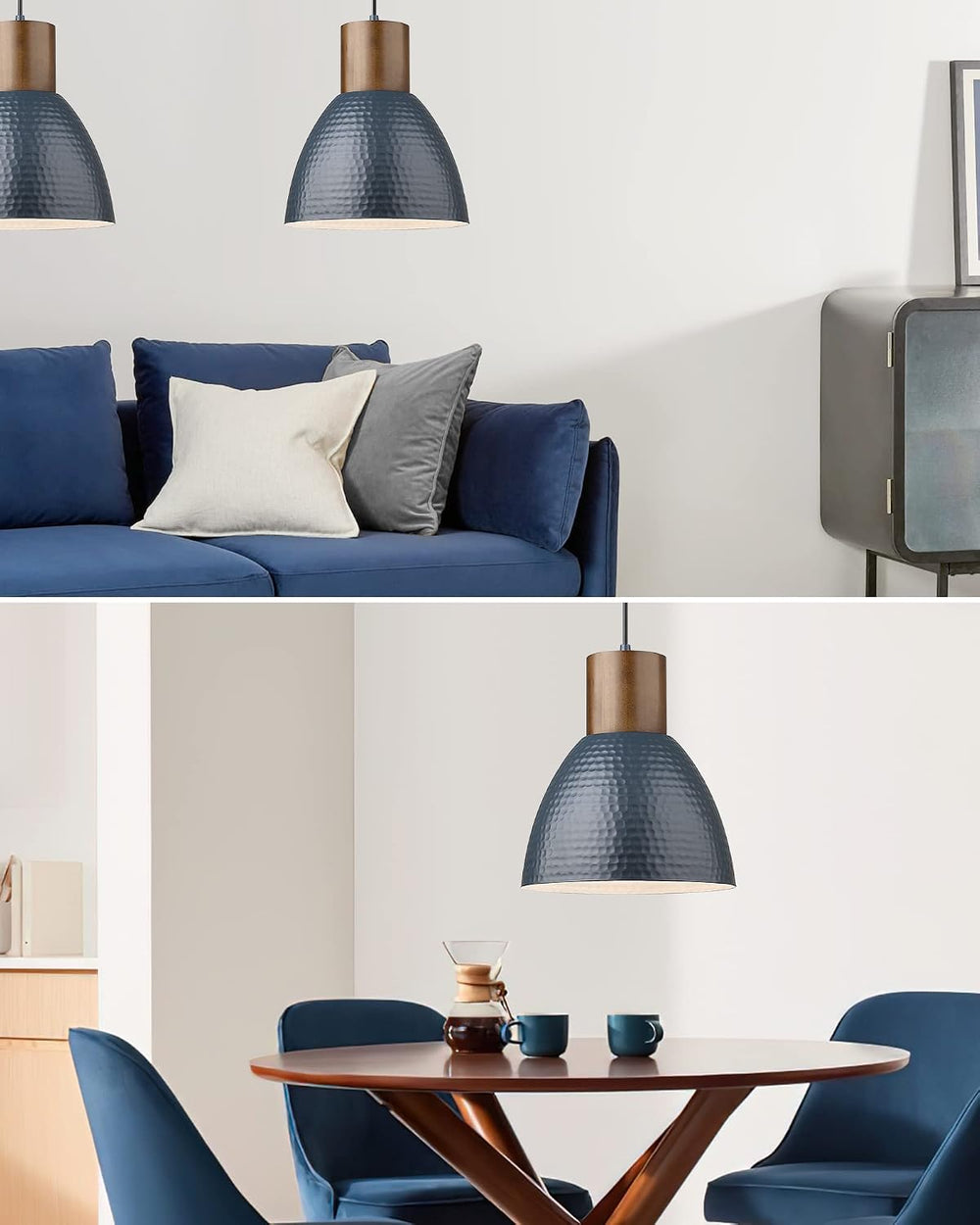 ELYONA 2 Pack Modern Hammered Pendant Lights 10.2” Blue Solid Wood Hanging La...
